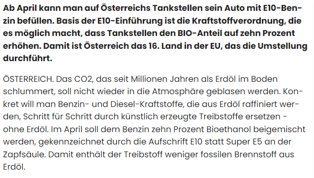 E10-Benzin an Tankstellen in Österreich eingeführt
